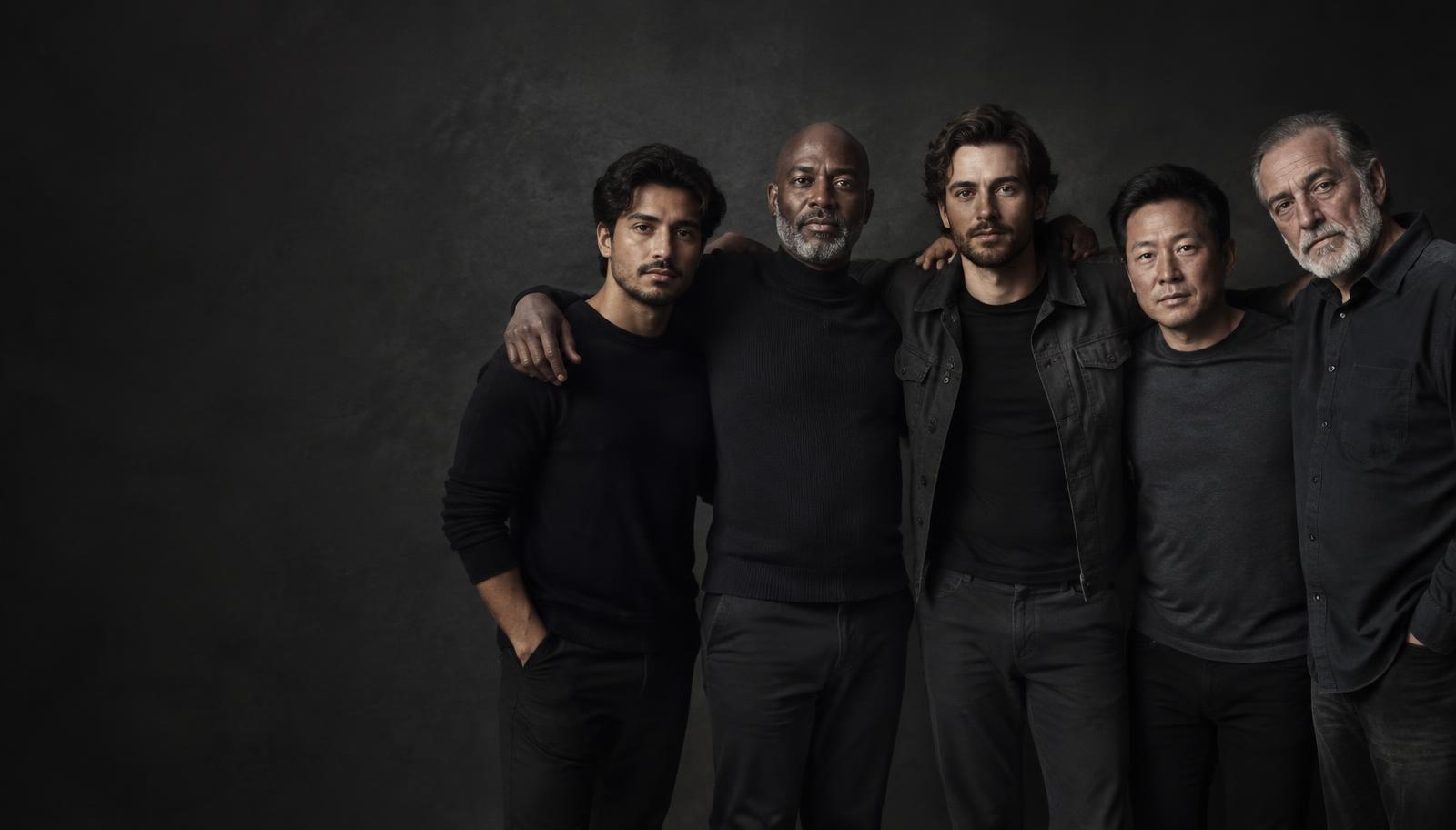Five men of different ages and backgrounds standing shoulder to shoulder